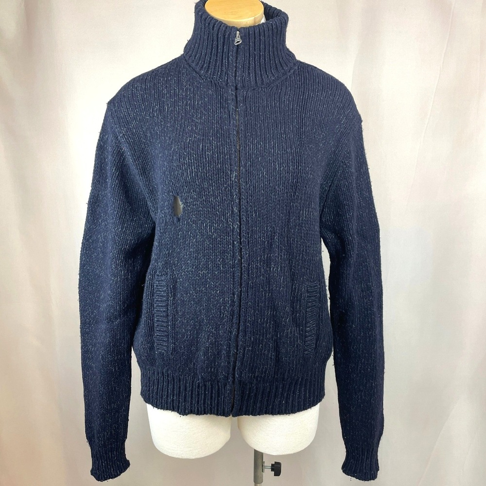 Vintage|80s Mens (L) POLO Cardigan Sweater Blue Zip Pockets Grandpa Distressed